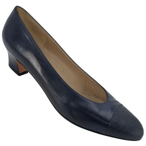 Vintage Salvatore Ferragamo Womens 9AA Navy Leather Reptile Embossed Dress Pumps - Picture 1 of 9
